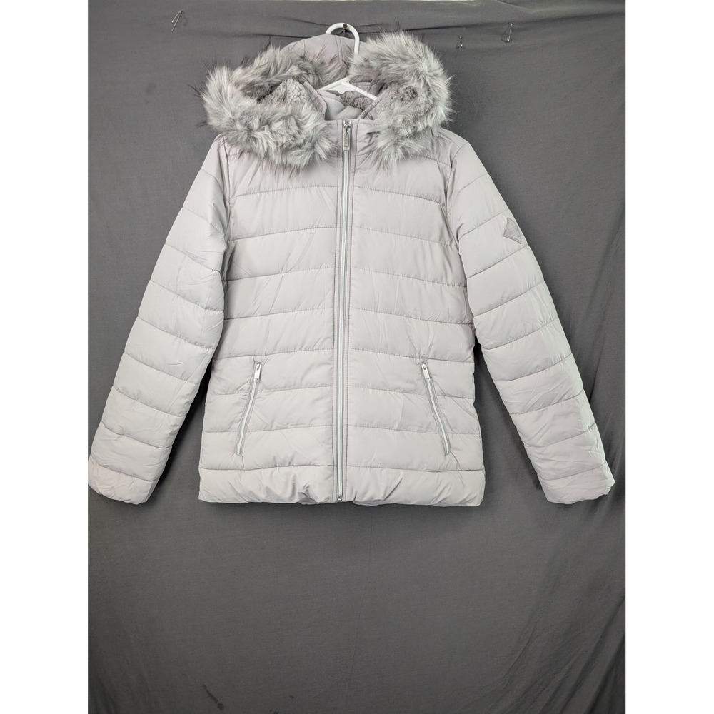 Hollister Puffer Jacket Womens Medium Gray Faux Fur Hood Sherpa Lined